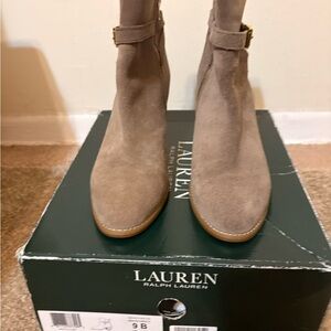 Ralph Lauren Taupe Suede Buckle Ankle Booties